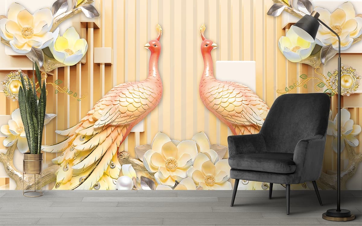 3D Peacocks and Flowers Wallpaper for Living Room shown in a room