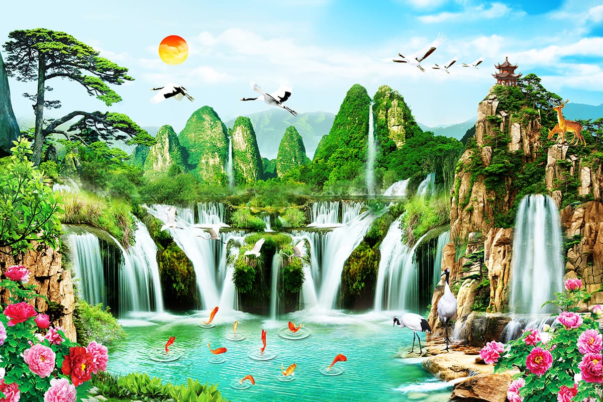 Scenic Waterfall with Birds and Blooming Flowers Wallpaper pattern detail