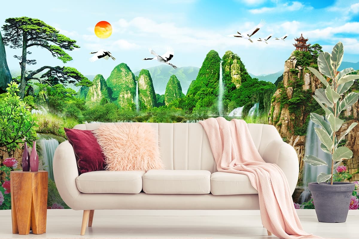 Scenic Waterfall with Birds and Blooming Flowers Wallpaper shown in a room