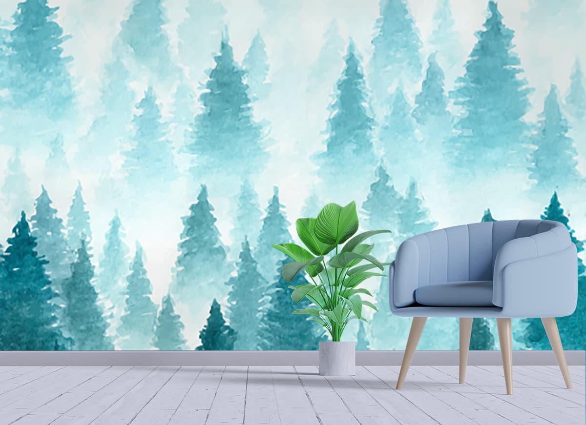 Misty Forest Trees Moody Nature Scene Wallpaper shown in a room