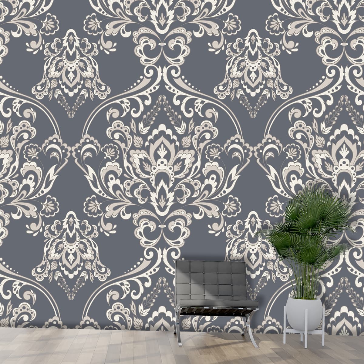 Pattern of white and gray floral designs wallpaper mural shown in a room