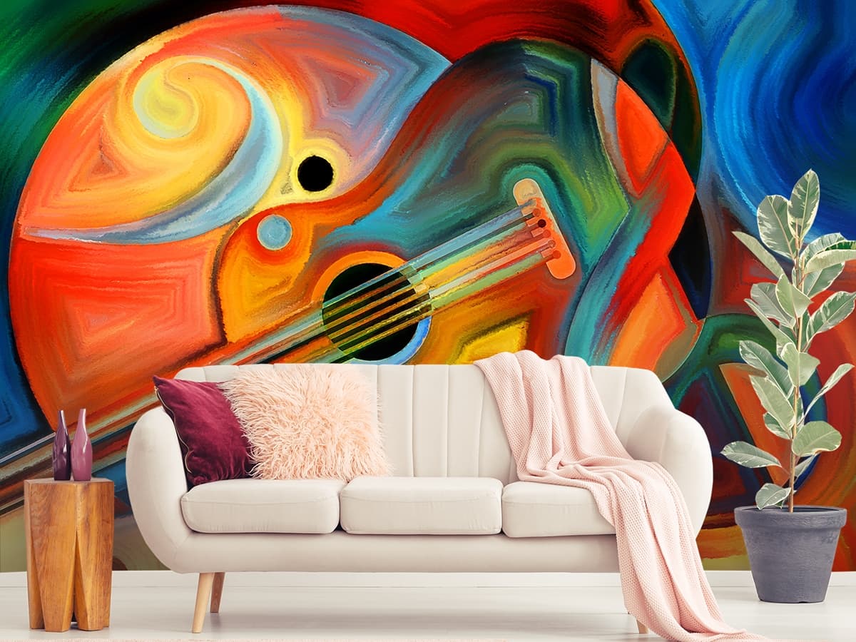 Colorful Guitar Painting Wallpaper Mural shown in a room