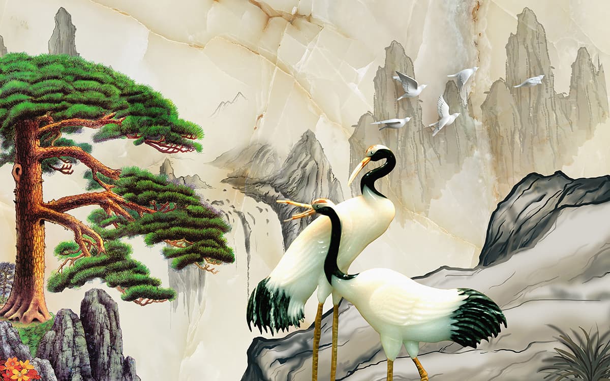 A couple of birds standing in front of a waterfall pattern detail