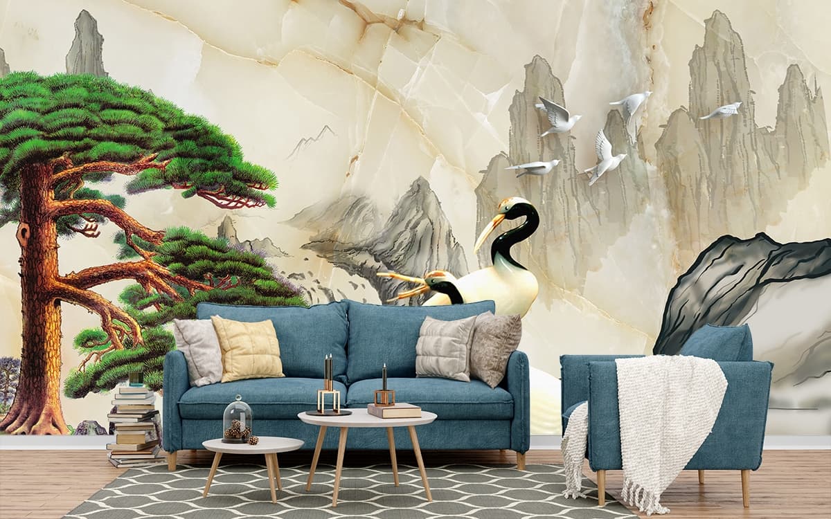 A couple of birds standing in front of a waterfall shown in a room