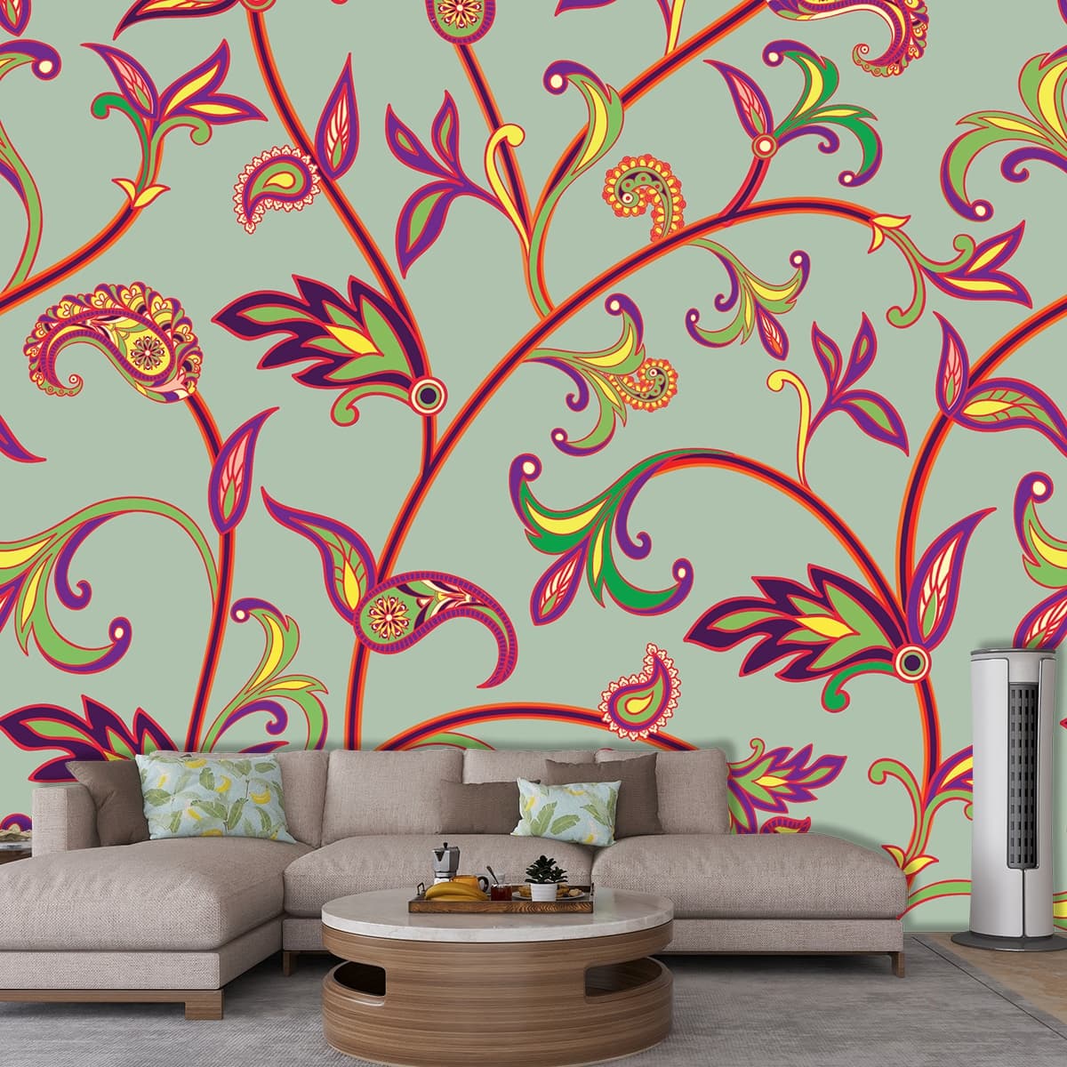 Colorful Floral Pattern on Grey Background Modern Wallpaper shown in a room