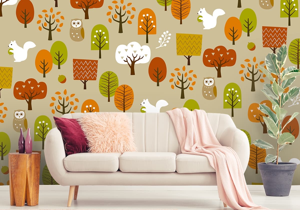 Whimsical Trees and Animals Nature-Themed Pattern Wallpaper shown in a room