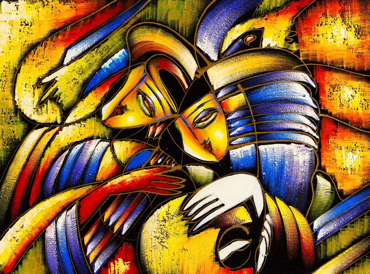 A colorful painting of people pattern detail