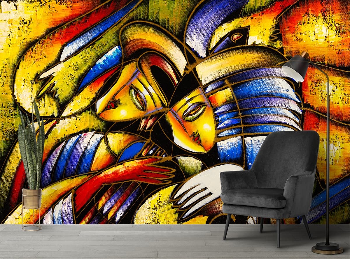 A colorful painting of people shown in a room