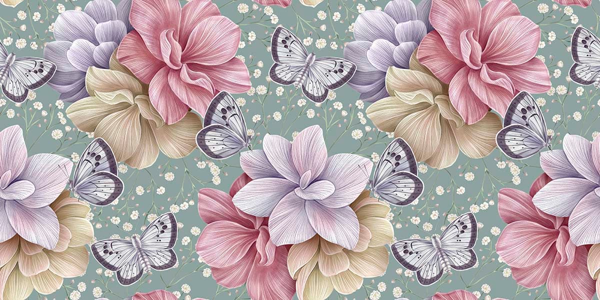 Colorful Flower and Butterflies Wallpaper for Home pattern detail
