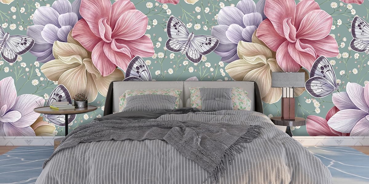 Colorful Flower and Butterflies Wallpaper for Home shown in a room