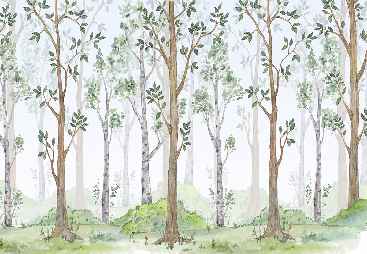 Serene Watercolor Trees and Grass Landscape Wallpaper pattern detail