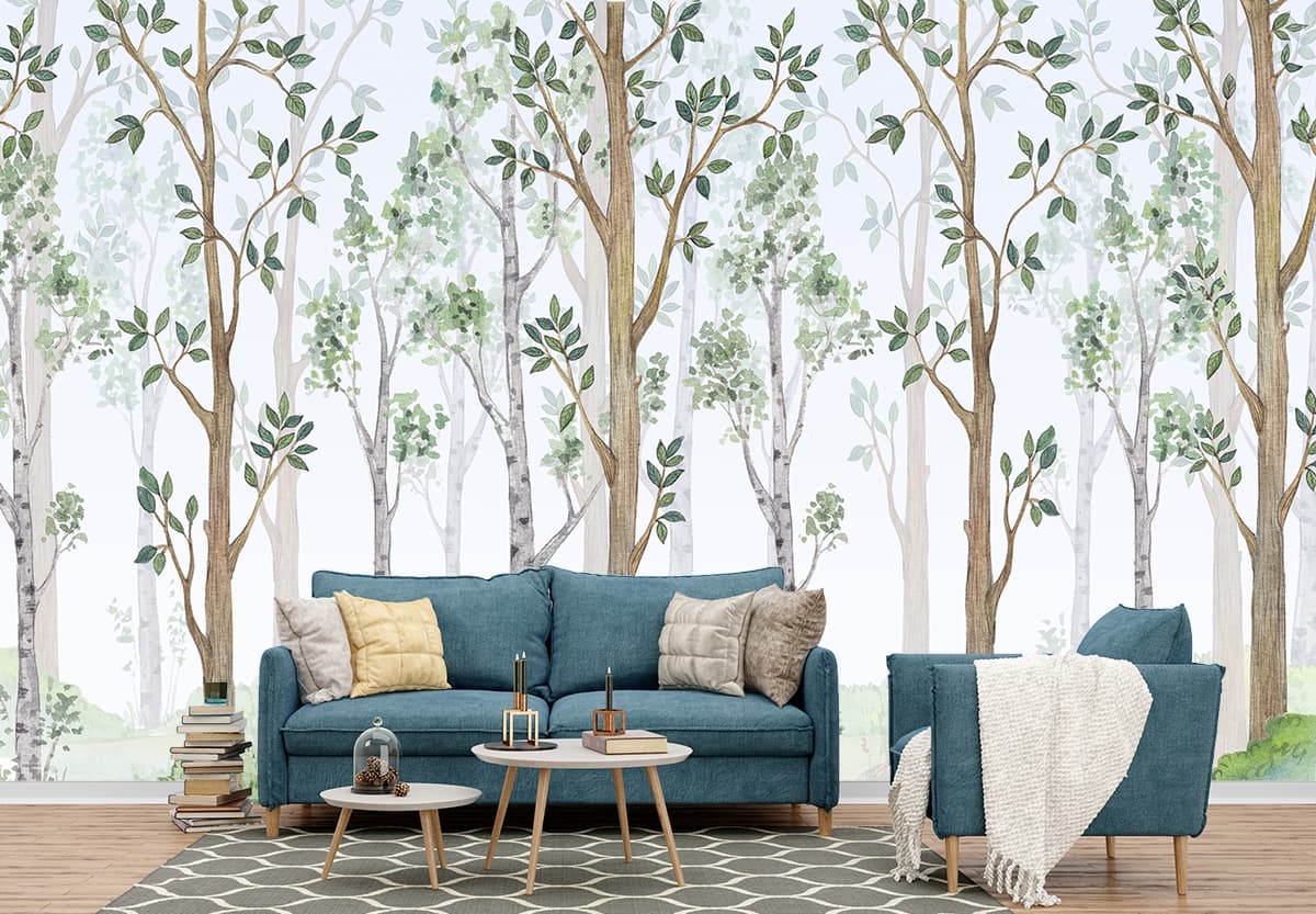 Serene Watercolor Trees and Grass Landscape Wallpaper shown in a room