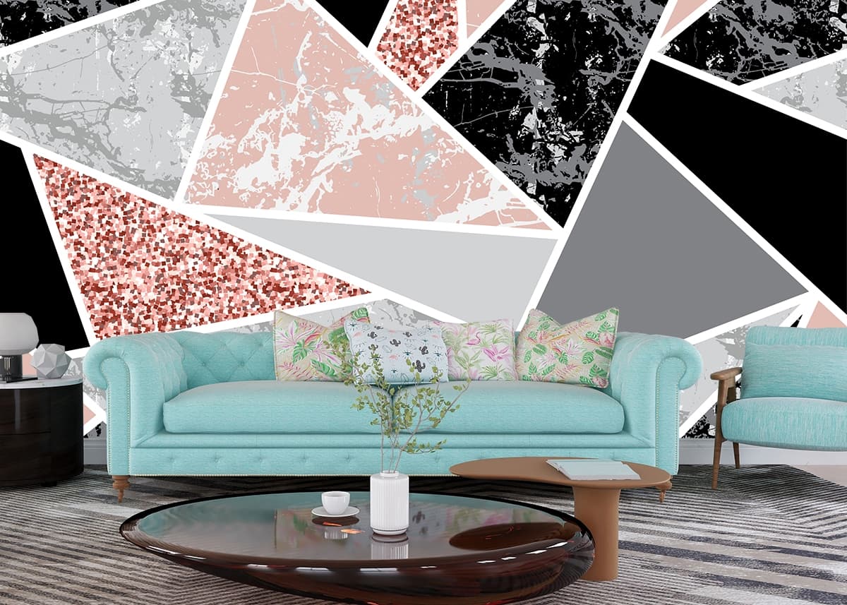 A pattern of triangles and glitter shown in a room