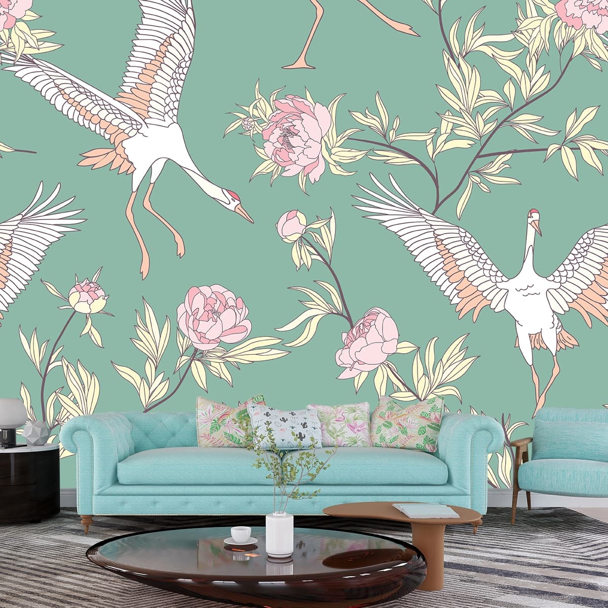 Vintage Birds and Floral Pattern Wallpaper shown in a room