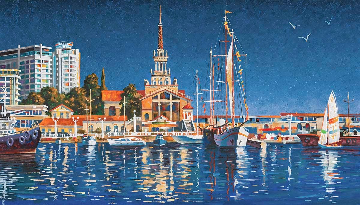 Waterfront Cityscape with Boats and Buildings Wallpaper pattern detail