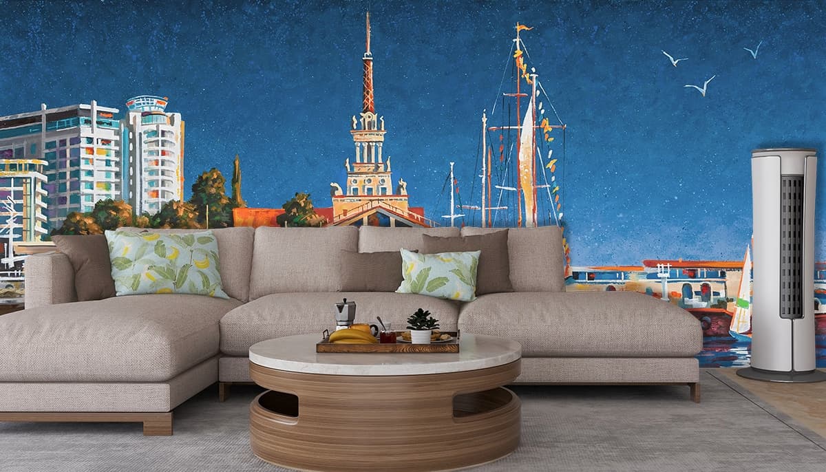 Waterfront Cityscape with Boats and Buildings Wallpaper shown in a room