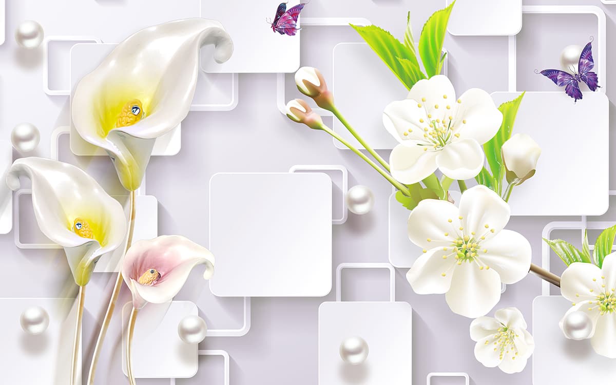 3D Beautiful White Flowers and Pearls Wallpaper for Living Room pattern detail