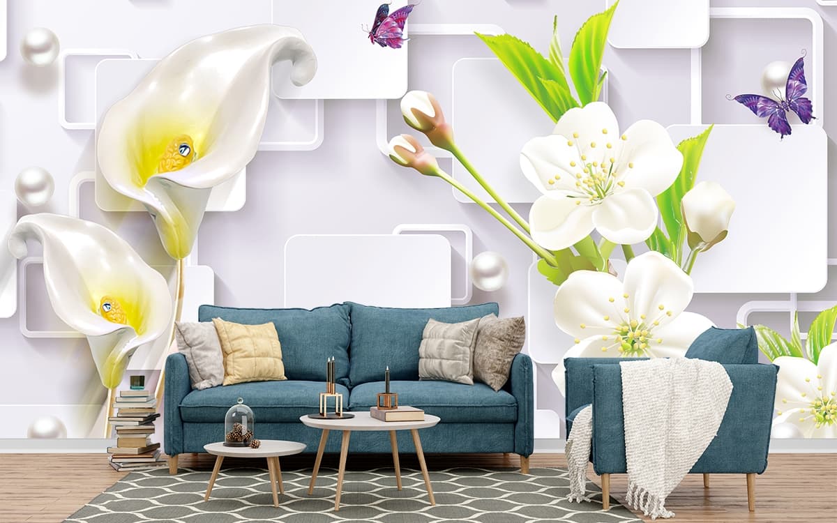3D Beautiful White Flowers and Pearls Wallpaper for Living Room shown in a room