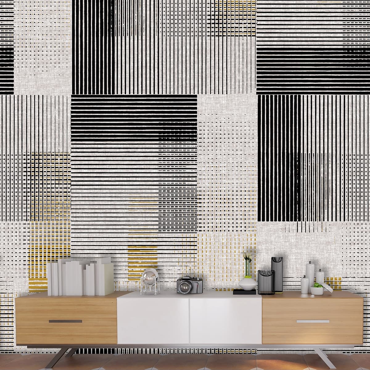 A Wallpaper of Asymmetrical Fabric Texture Lines shown in a room