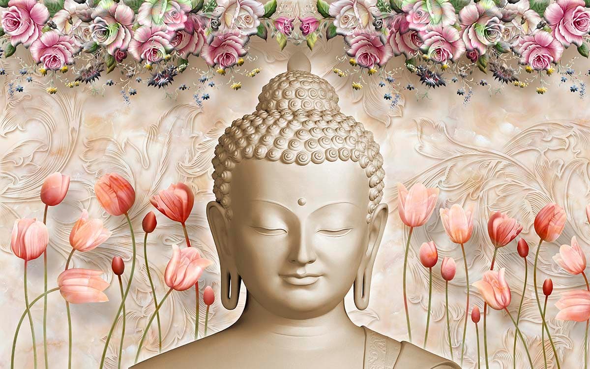 3D Statue of Buddha Face With Flowers Wallpaper for Living Room pattern detail