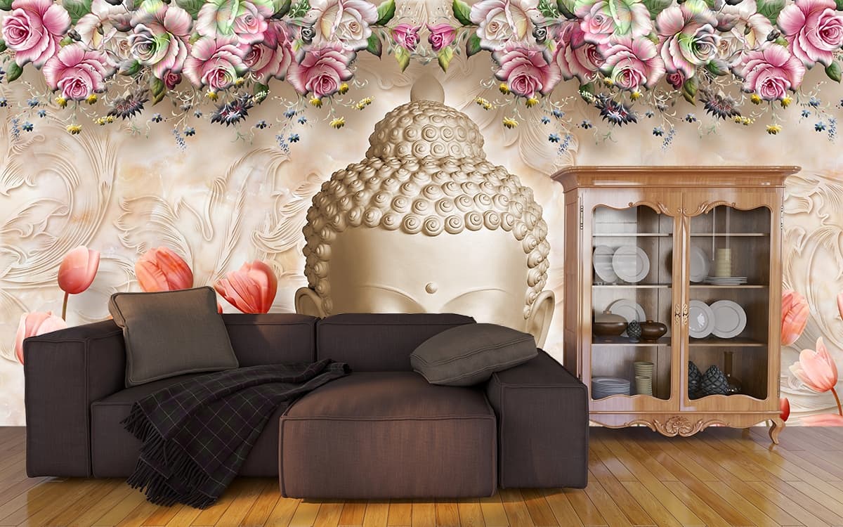 3D Statue of Buddha Face With Flowers Wallpaper for Living Room shown in a room
