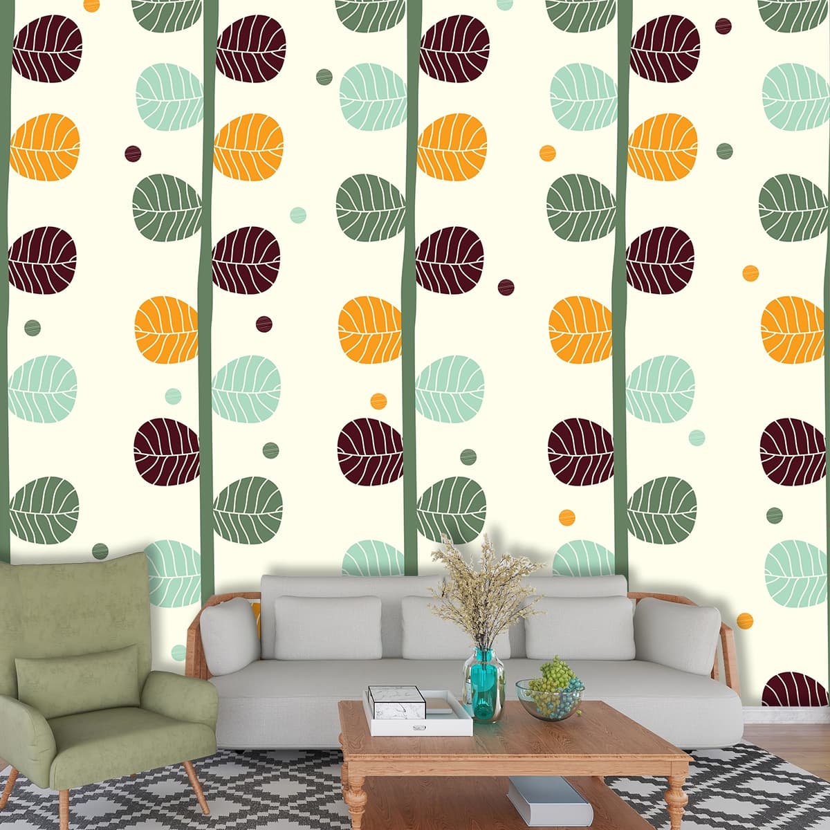 Beautiful Leaves on Branches Pattern Wallpaper shown in a room