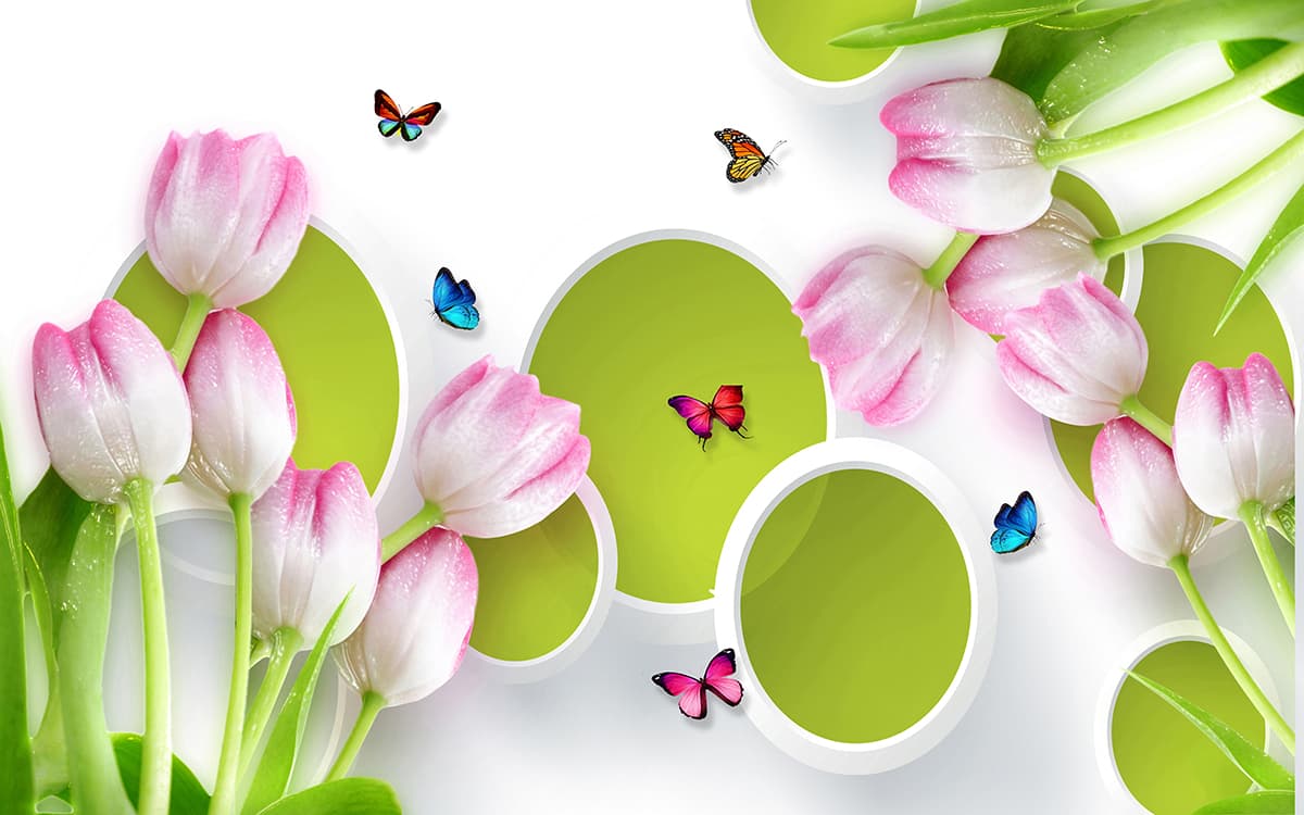 3D Tulips and Butterflies Wallpaper for Living Room pattern detail