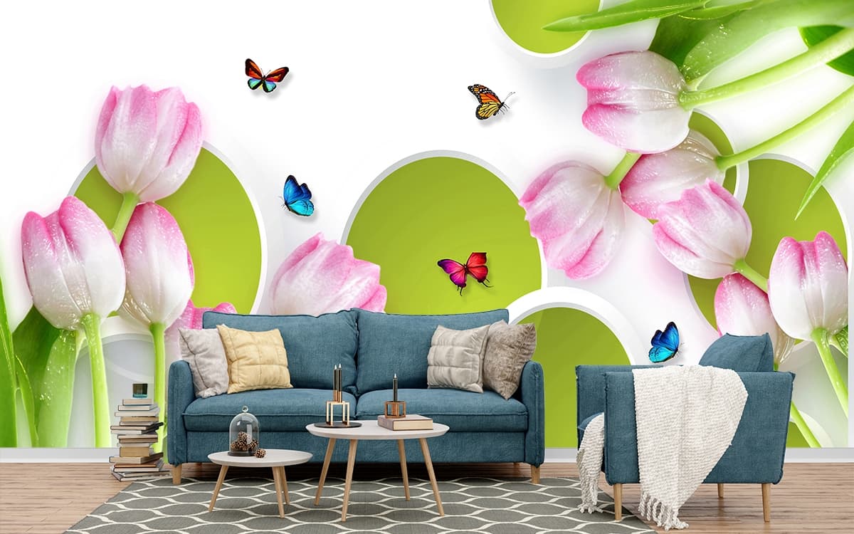 3D Tulips and Butterflies Wallpaper for Living Room shown in a room
