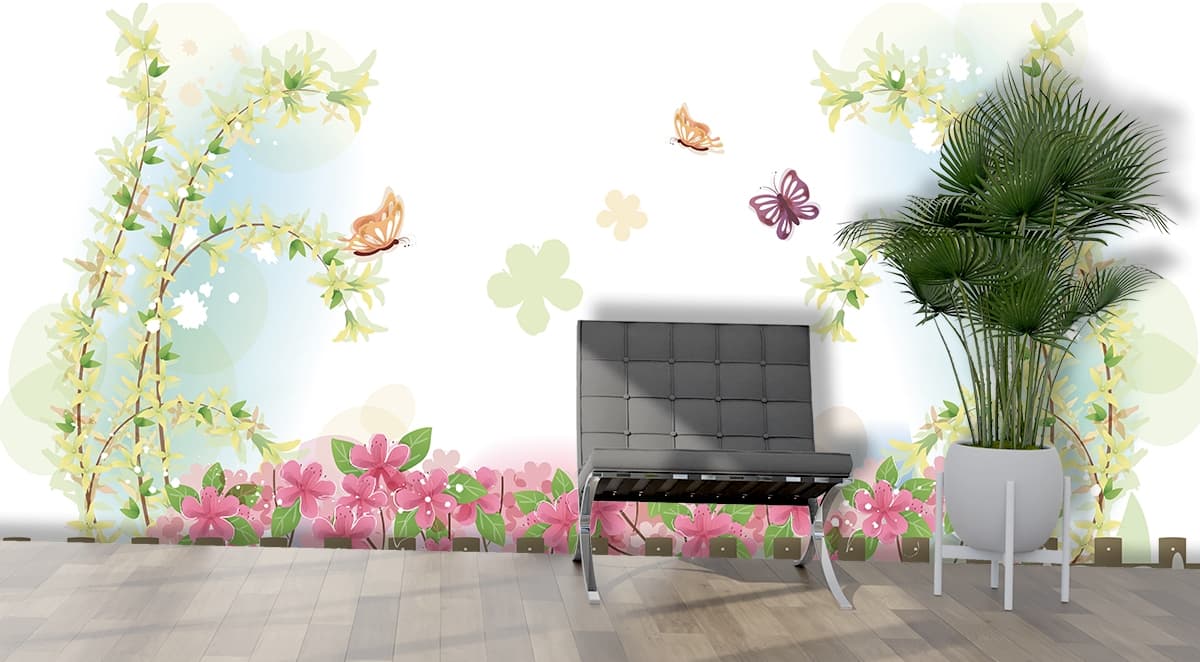 Garden Fence Flowers and Butterflies Design wallpaper shown in a room