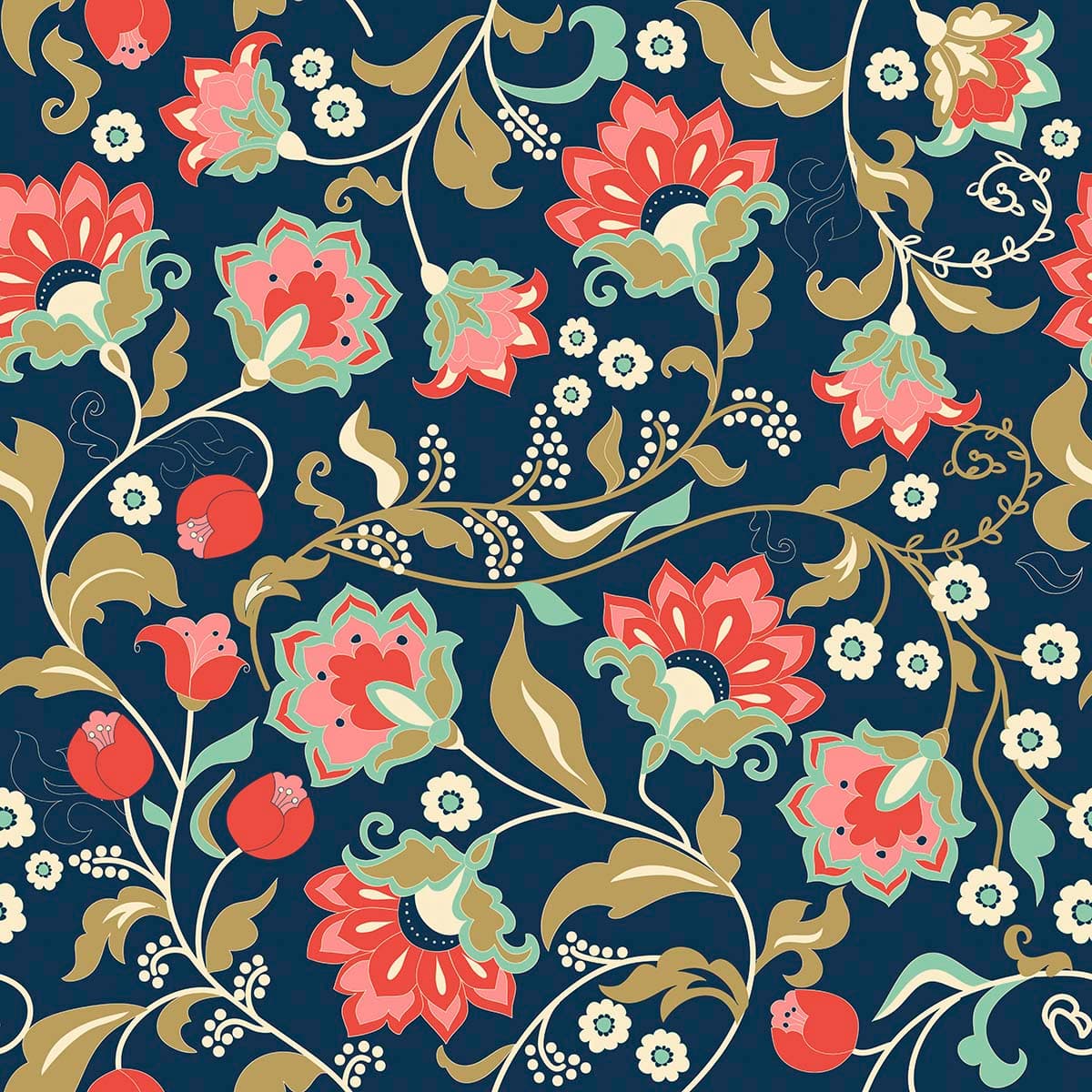 A colorful floral pattern on a blue background pattern detail