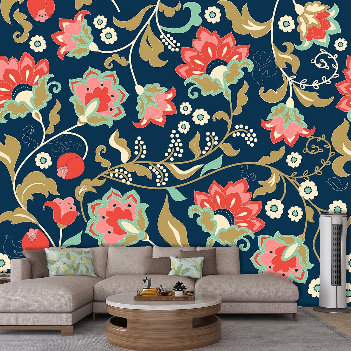 A colorful floral pattern on a blue background shown in a room