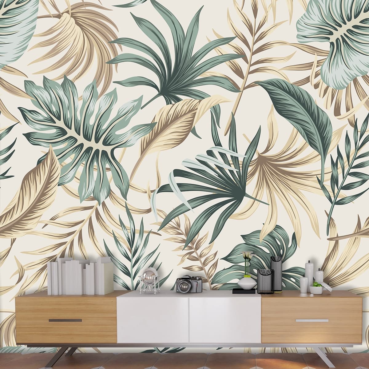 Elegant Botanical Leaves Pattern on White Background Wallpaper shown in a room