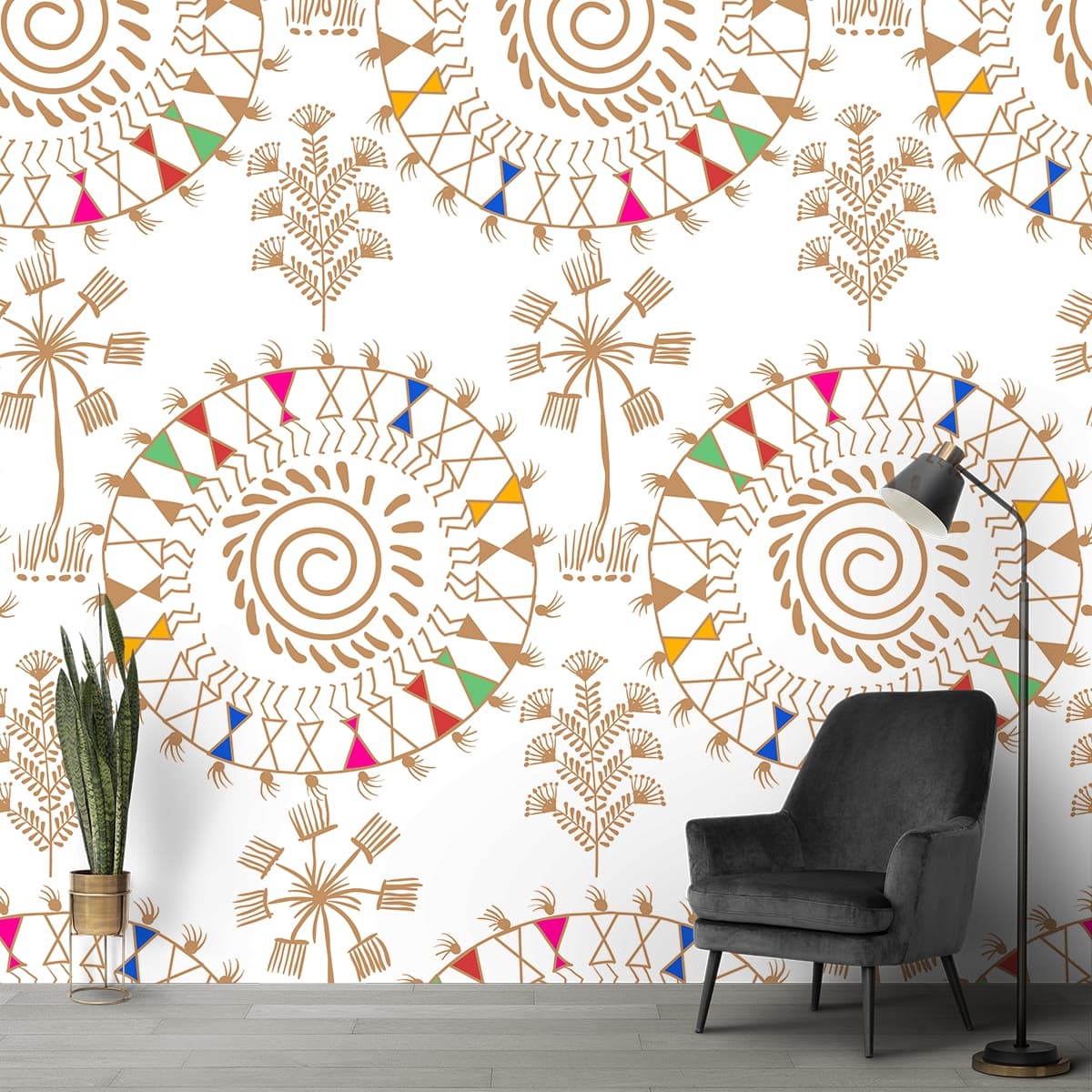 Traditional Folk Art Inspired Tribal Wallpaper shown in a room