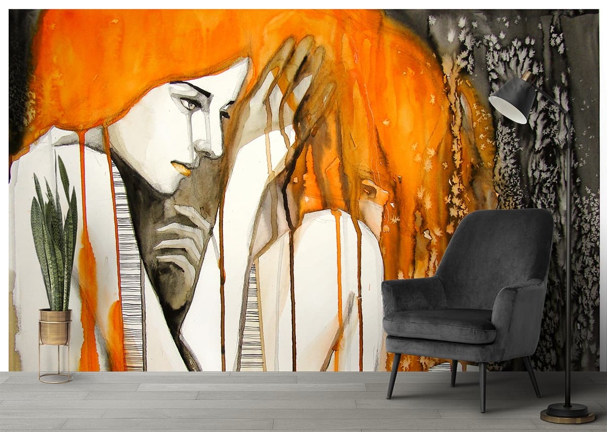 Woman with Orange Hair Modern Portrait Painting Wallpaper shown in a room