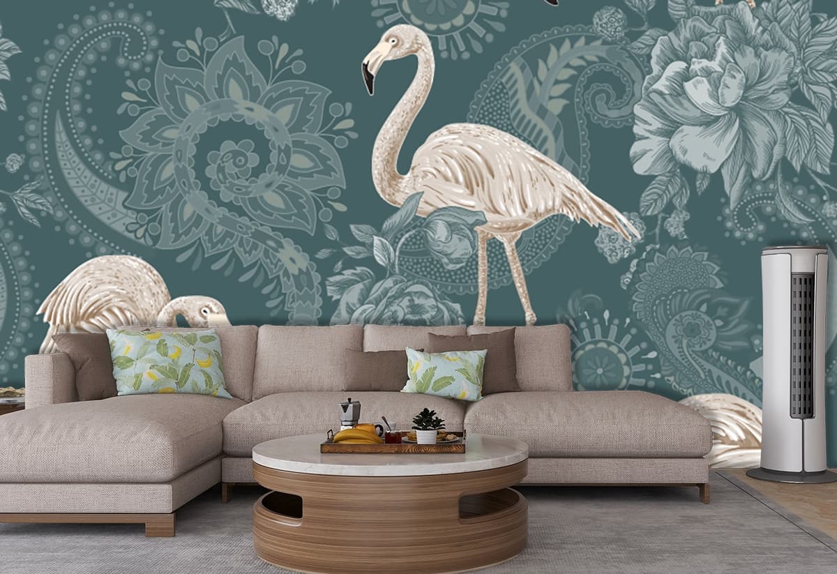 Nature-Inspired Flamingo and Blossom Wallpaper shown in a room