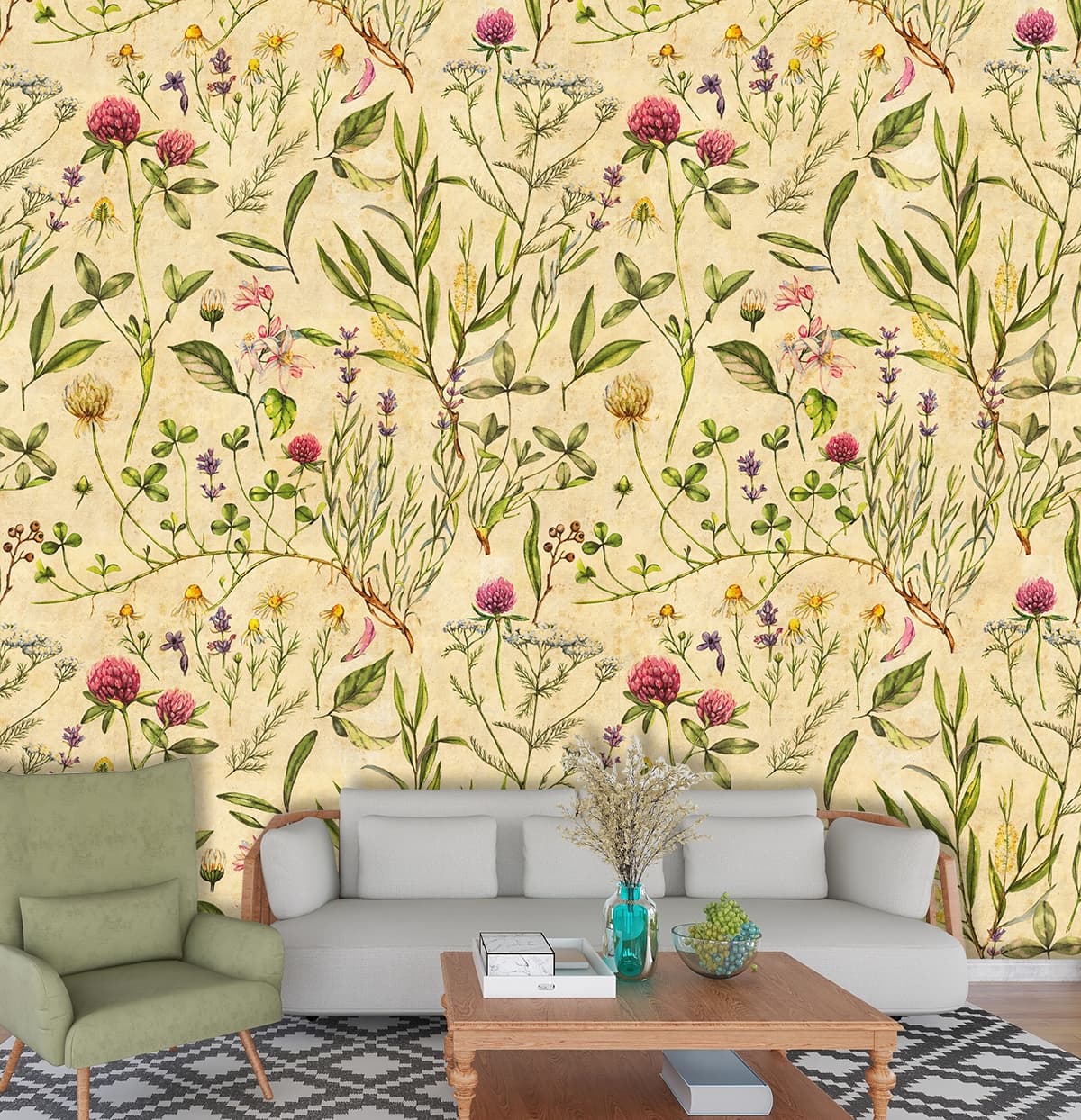Elegant Floral Leaves Pattern Nature Inspired Wallpaper shown in a room