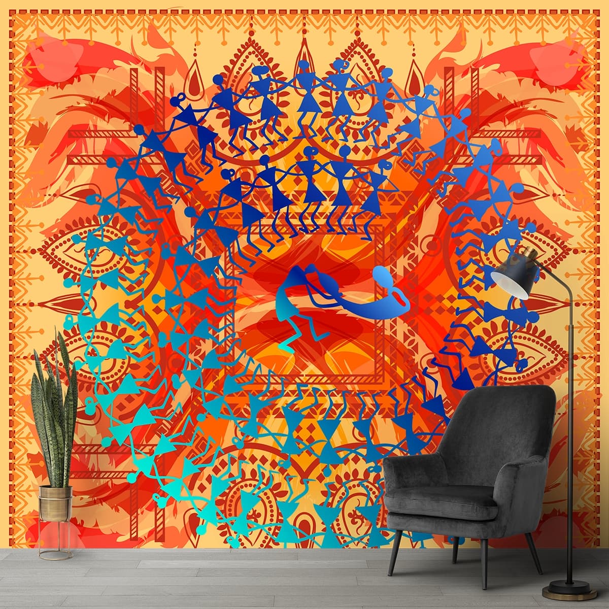 Aesthetic Warli Folk Art Mandala Pattern Wall Wallpaper shown in a room