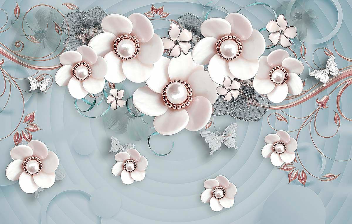 3D White Flowers With Pearls Wallpaper for Living Room pattern detail