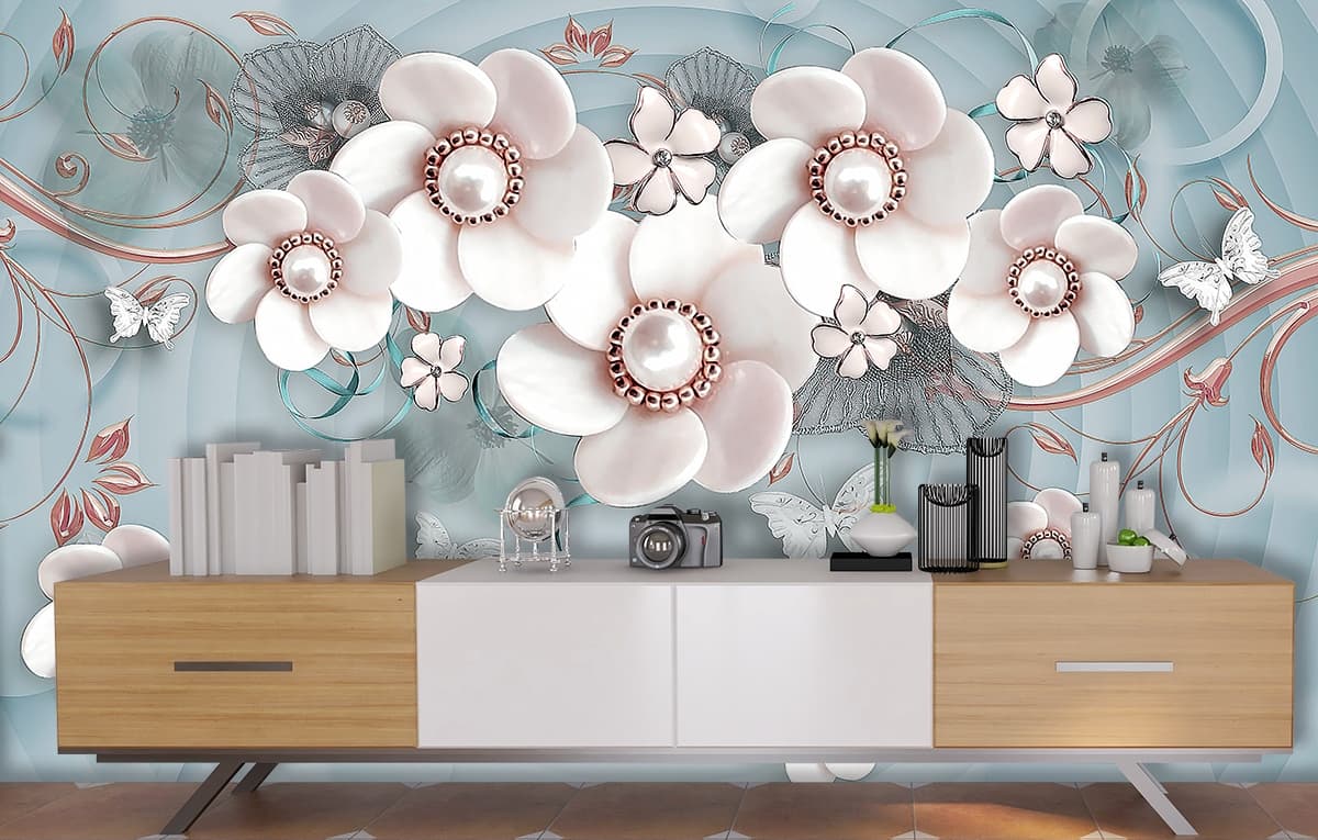 3D White Flowers With Pearls Wallpaper for Living Room shown in a room