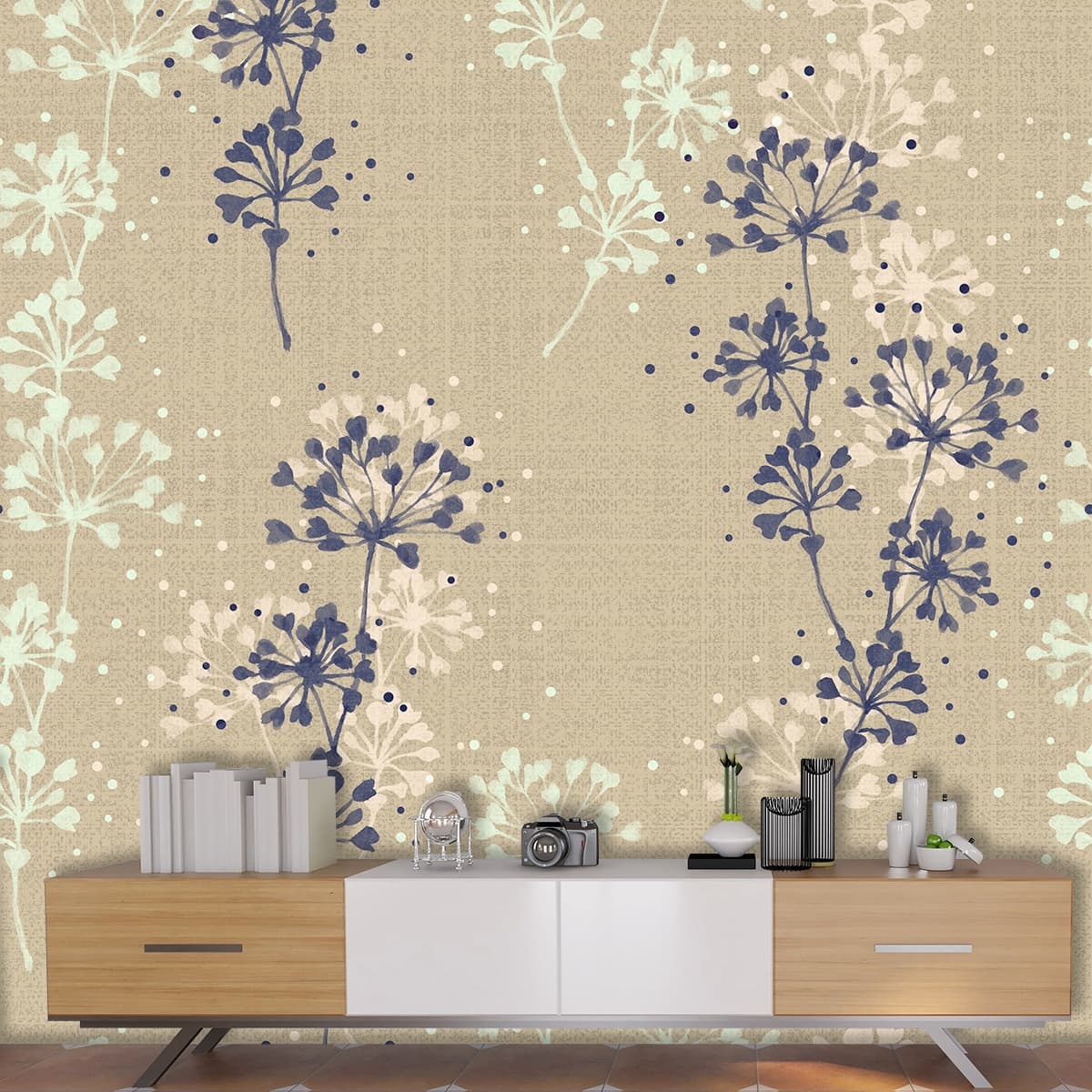 Pattern of Flowers on a Fabric Surface Wallpaper shown in a room