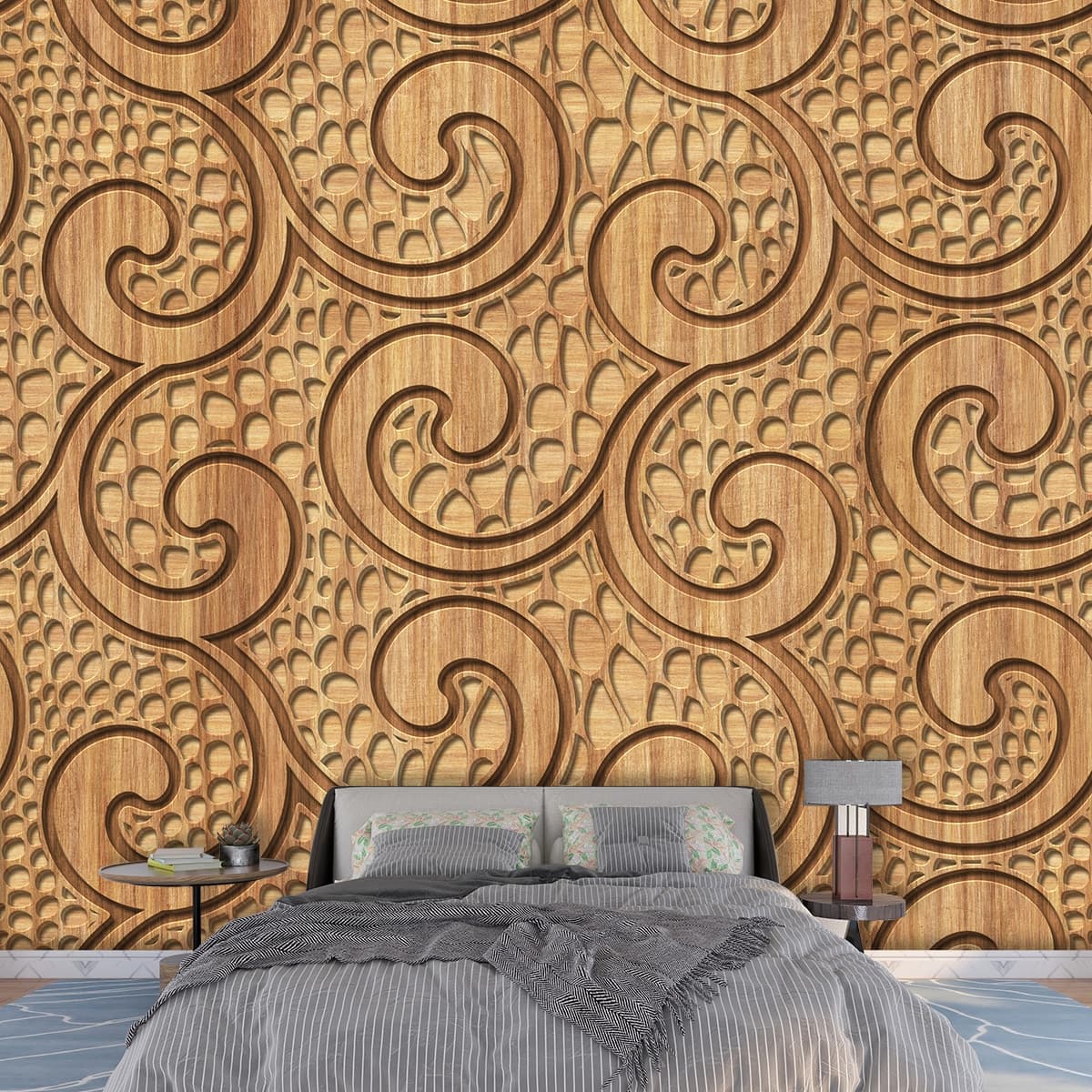 3d Wooden Look Carving with Swirls Wallpaper for Living Room shown in a room