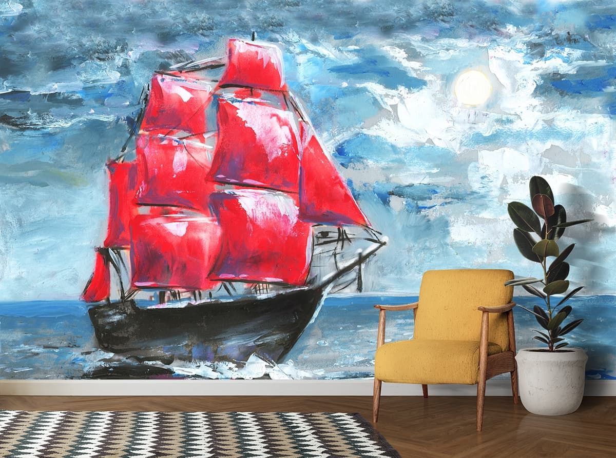 Ship with Red Sails Wallpaper shown in a room