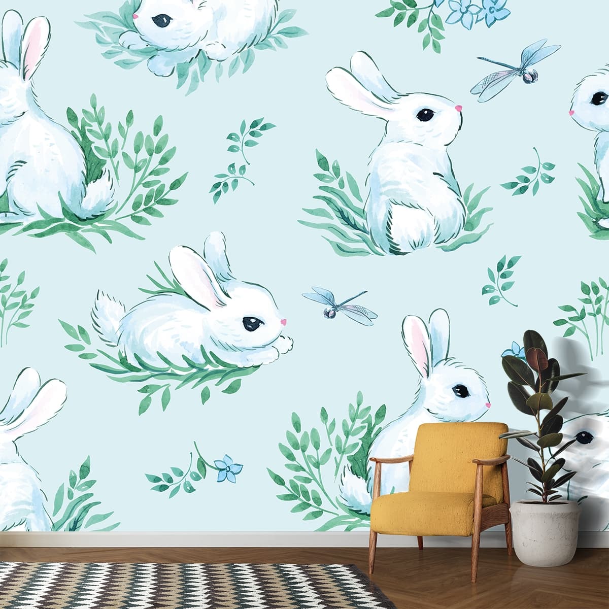 Watercolor Bunny Garden Wallpaper shown in a room