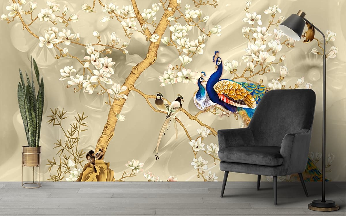 Birds on a Tree Branch Wallpaper Design shown in a room