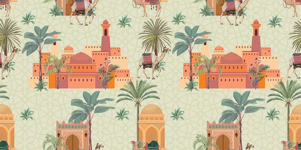 A pattern of camels and palm trees pattern detail