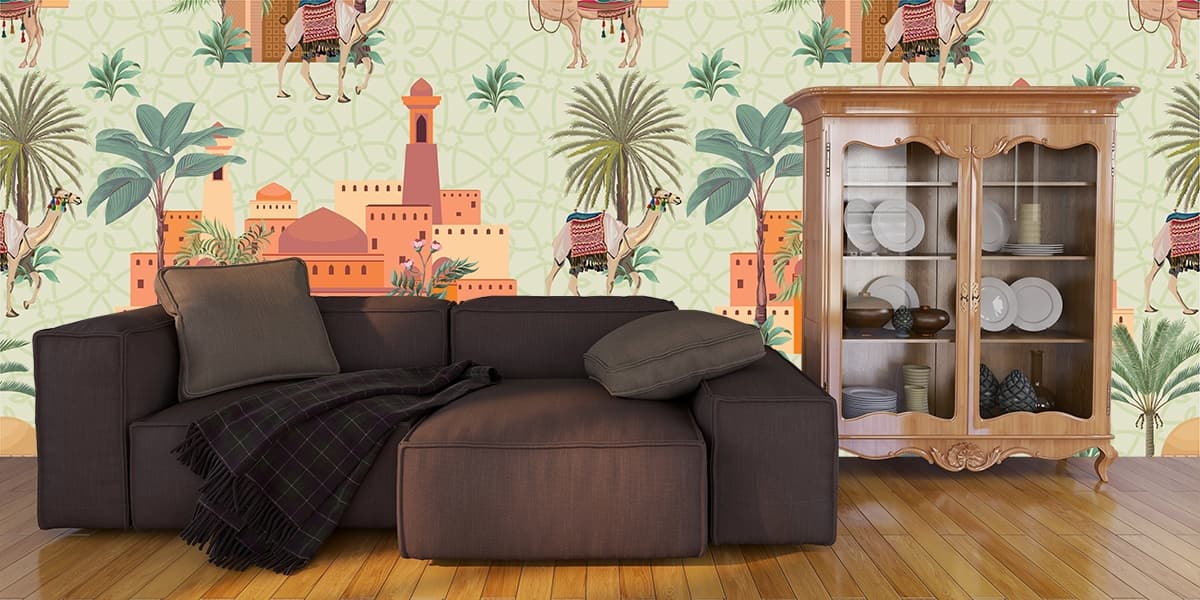 A pattern of camels and palm trees shown in a room