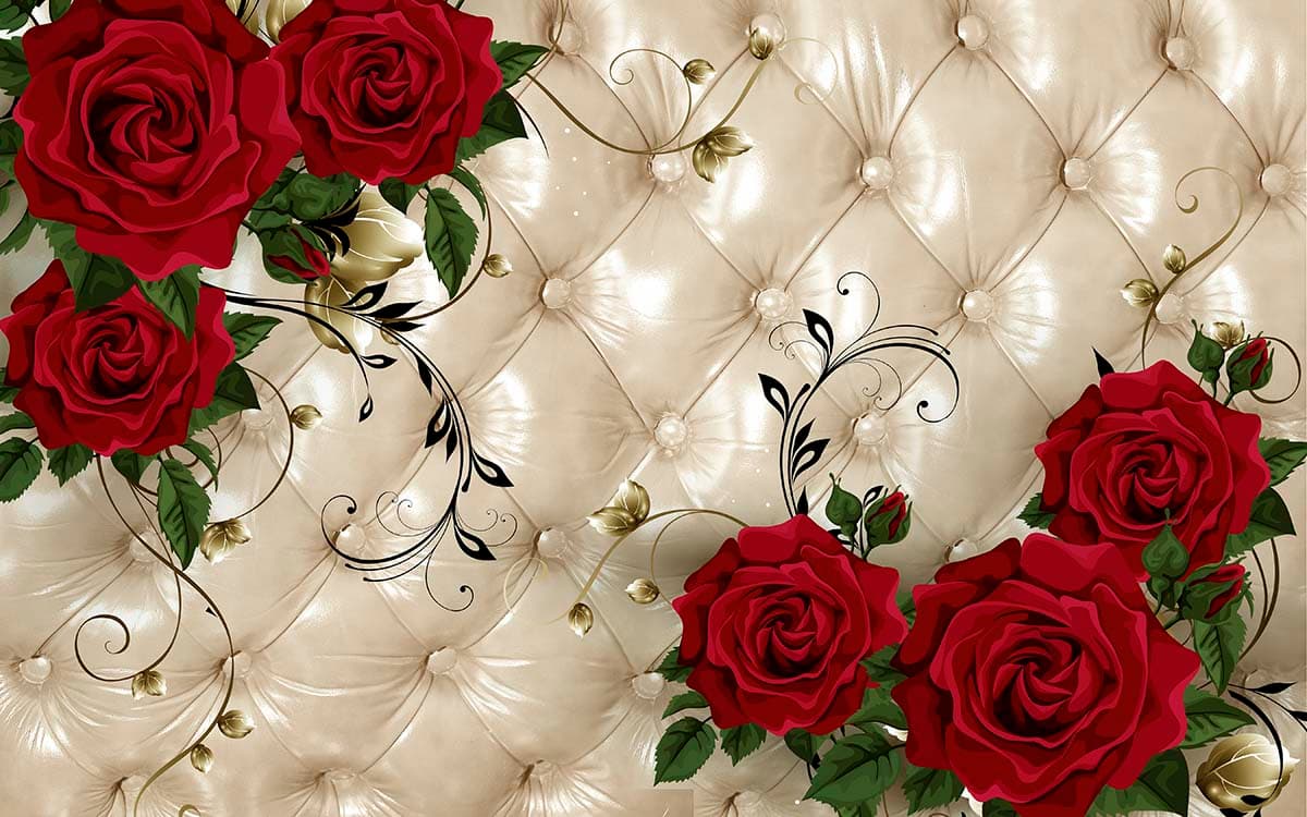 3D Beautiful Wallpaper Of Red Rose On A Cushion Background for Living Room pattern detail