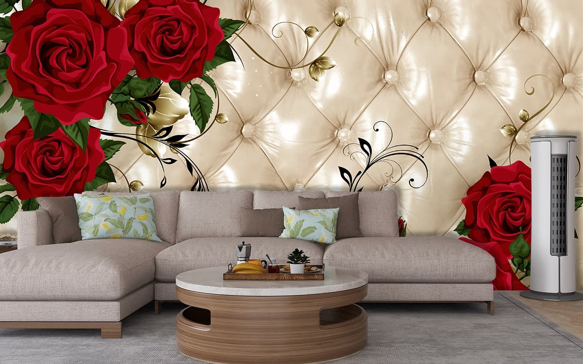 3D Beautiful Wallpaper Of Red Rose On A Cushion Background for Living Room shown in a room