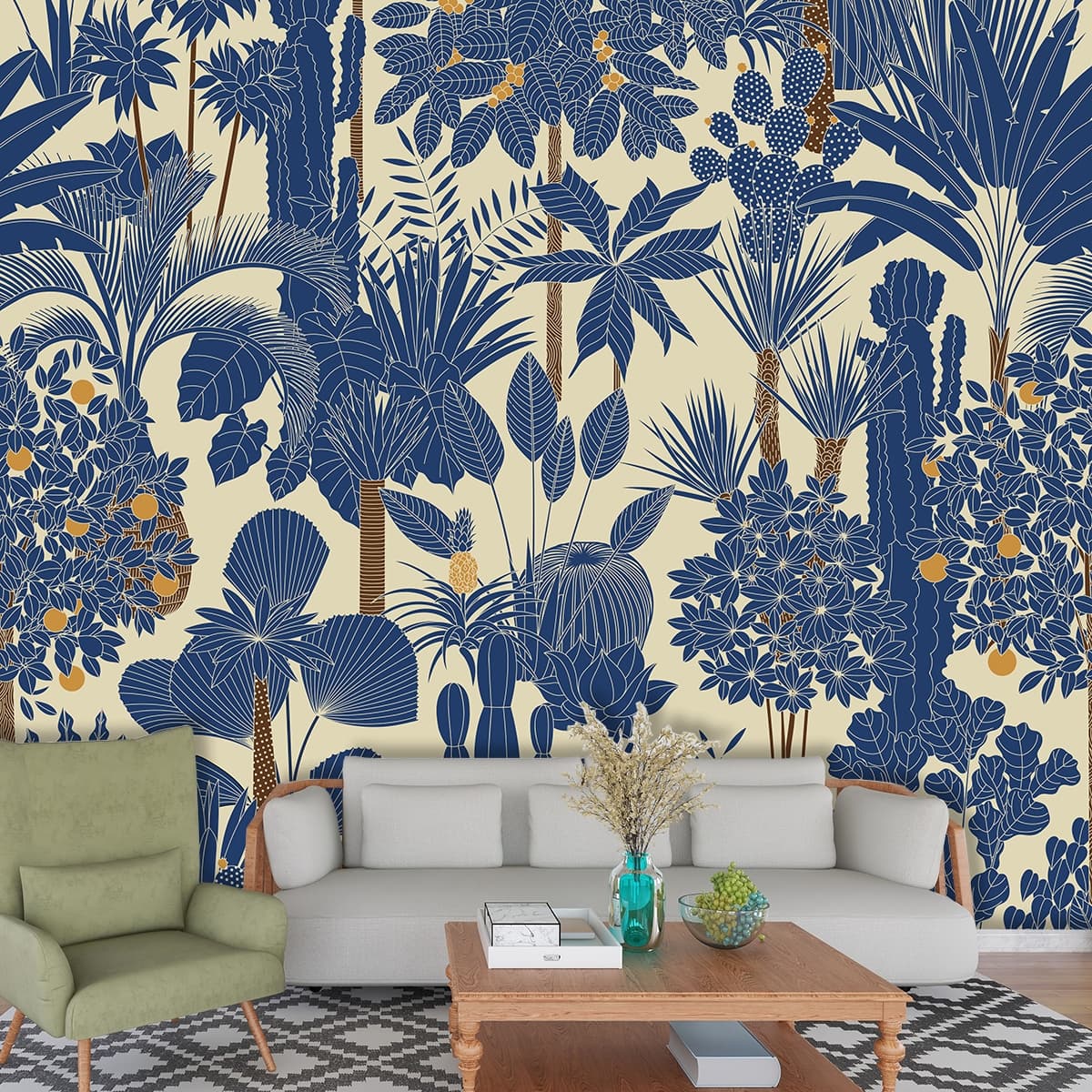 Pattern of blue and white plants wallpaper shown in a room