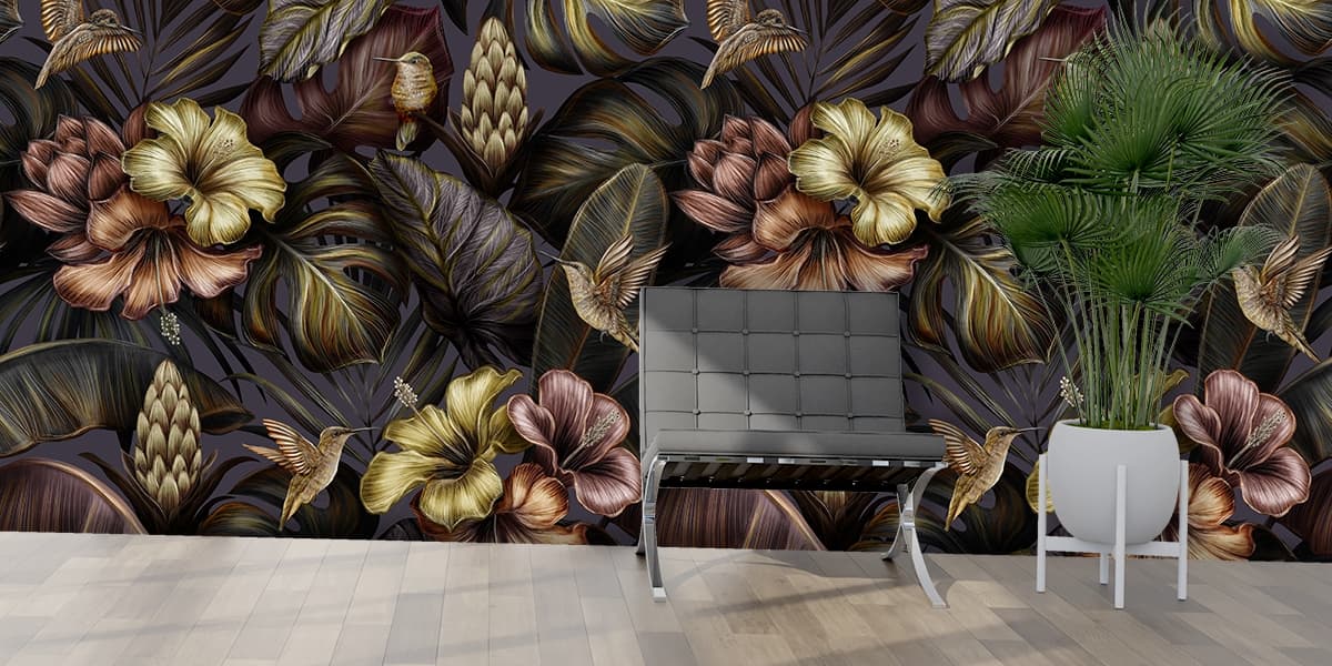 Floral Pattern Wallpaper with Hummingbirds shown in a room